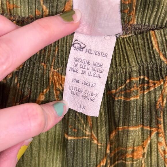 Vtg Fairycore Maxi Skirt Olive Gold Leaf Print Flowy Crinkle Whimsy Dark Autumn - Picture 8 of 8